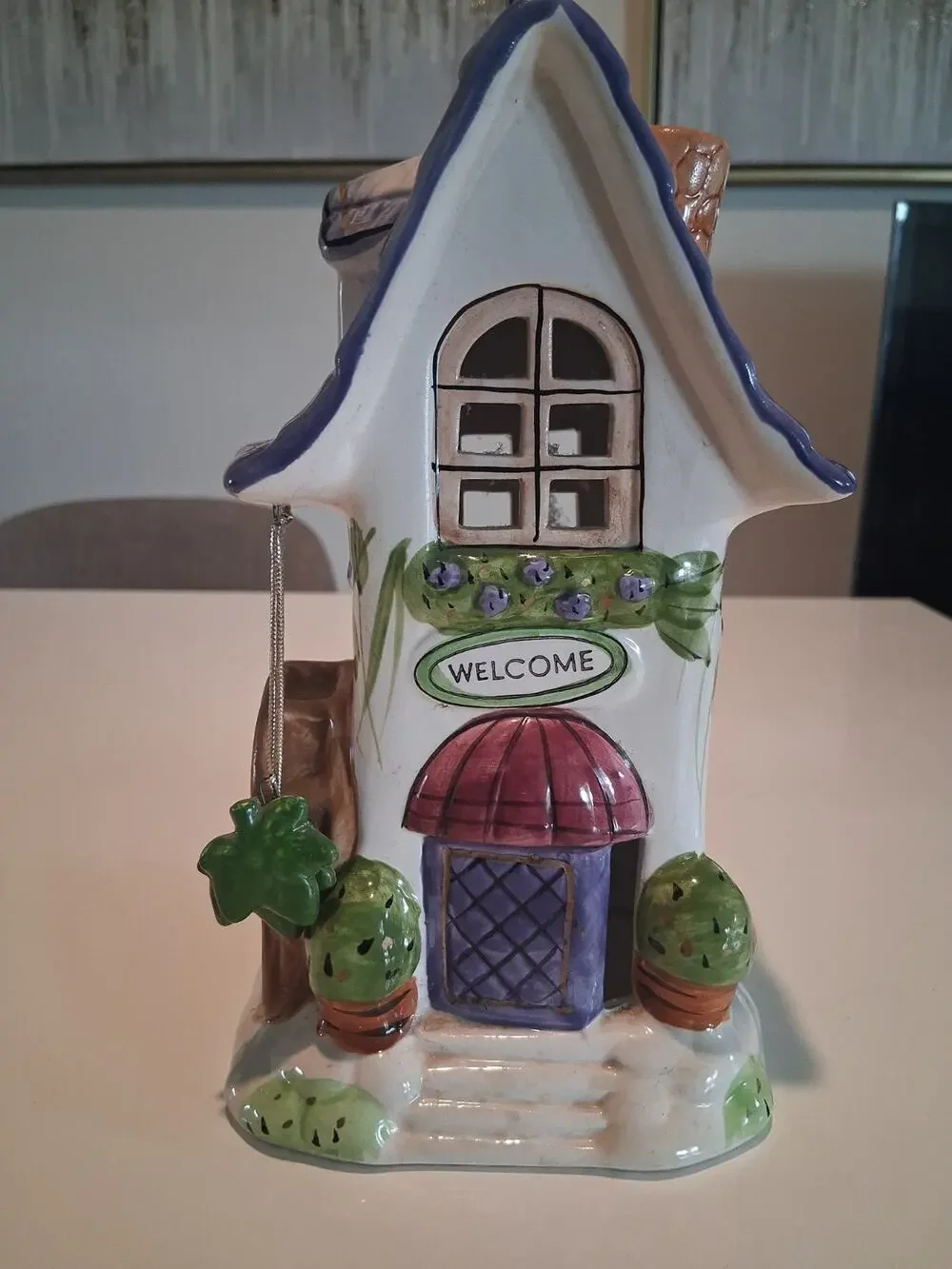 Vintage Hand Painted Ceramic Candle House Tealight Cottage Welcome Sign #850110